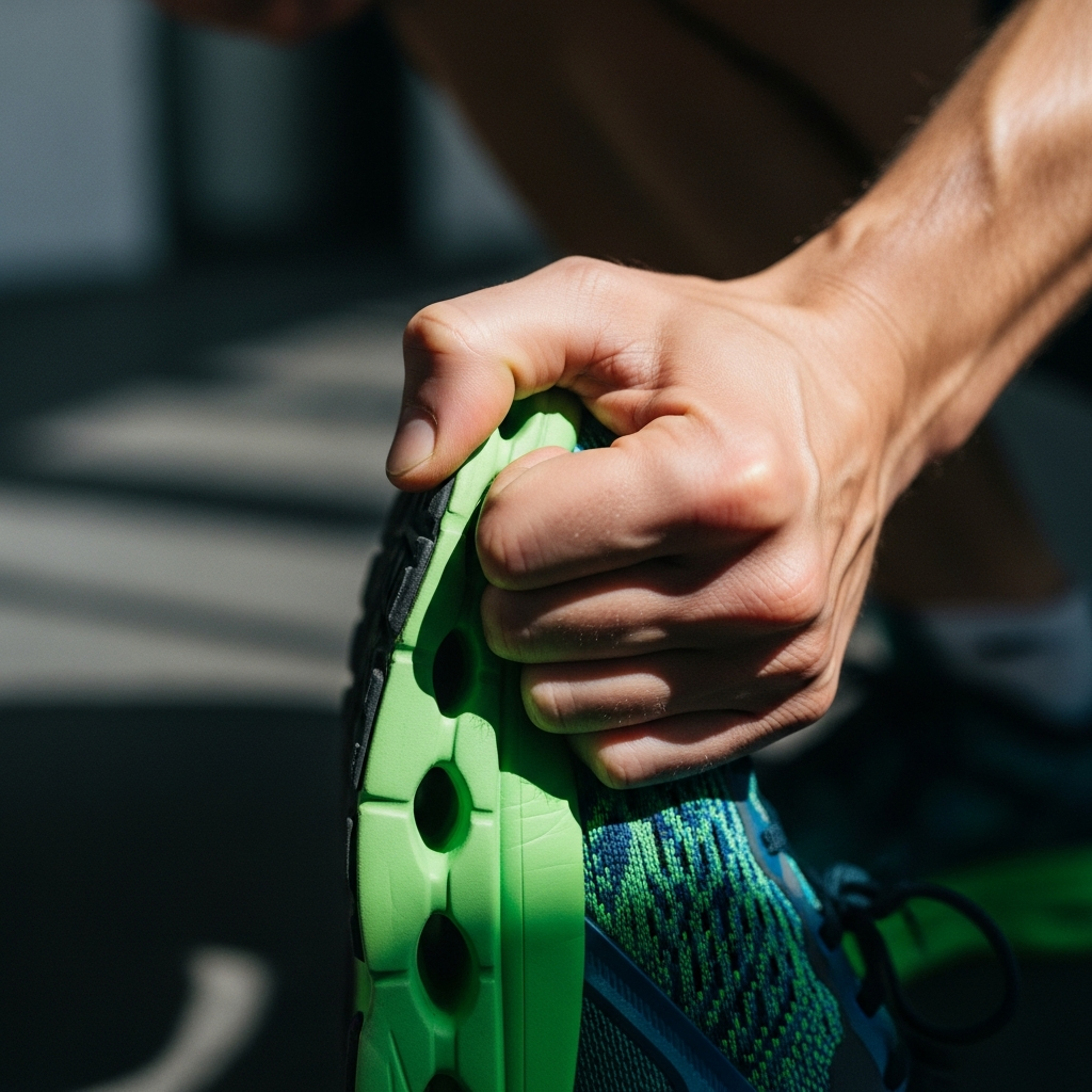 Runner testing running shoe midsole foam compression with thumb press test