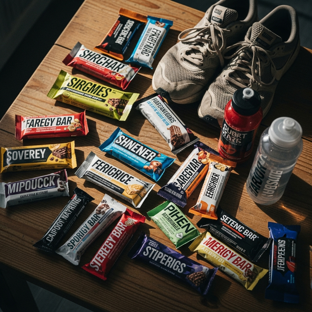 Sports nutrition energy bars and products on a rustic table with running gear nearby