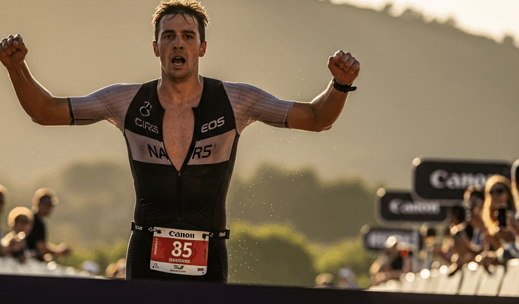 male triathlete crossing a finish line at a scenic outdoor t 20260331 081838