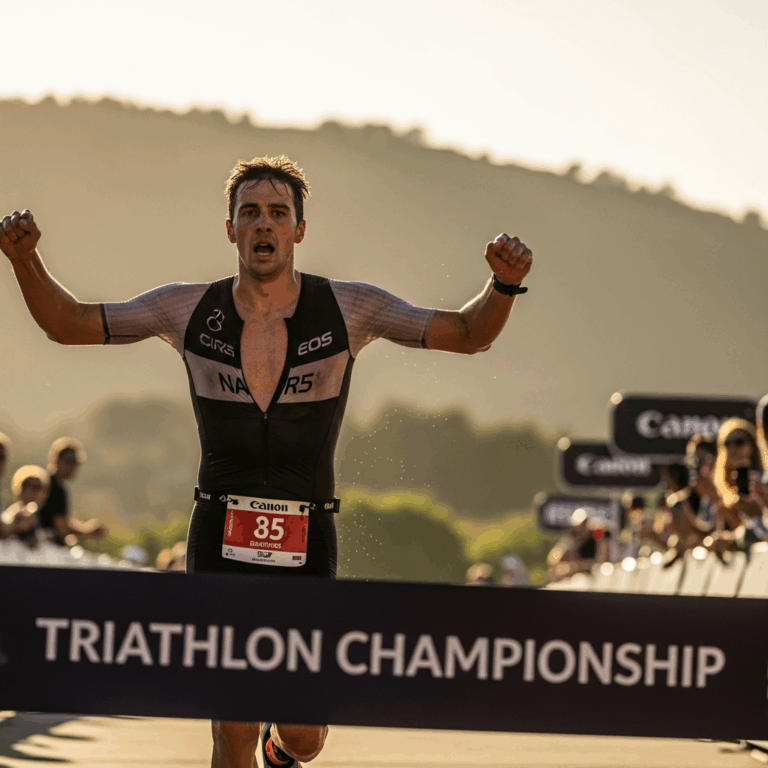 male triathlete crossing a finish line at a scenic outdoor t 20260331 081838