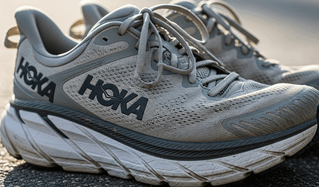 pair of well worn hoka running shoes on a road surface showi 20260331 082202