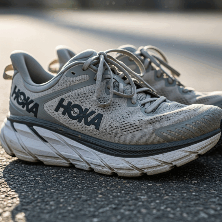 pair of well worn hoka running shoes on a road surface showi 20260331 082202