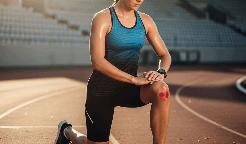 triathlete stretching hip flexors on a running track kneelin 20260331 133506