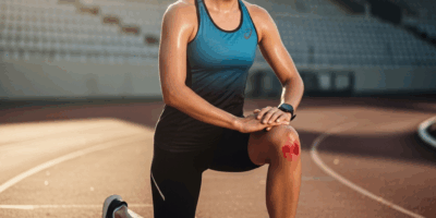 triathlete stretching hip flexors on a running track kneelin 20260331 133506